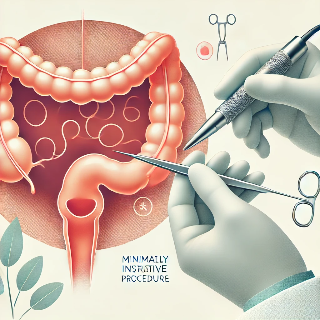 Medical illustration of Fissure Treatment showing a doctor performing a minimally invasive procedure to heal an anal fissure.