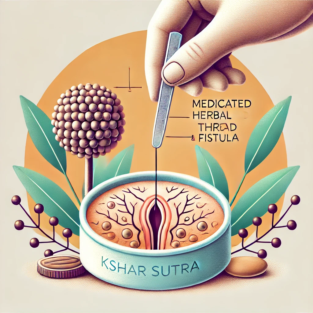 A professional medical illustration of Kshar Sutra Therapy, an Ayurvedic treatment for piles and fistula. The image should show a medicated herbal thr